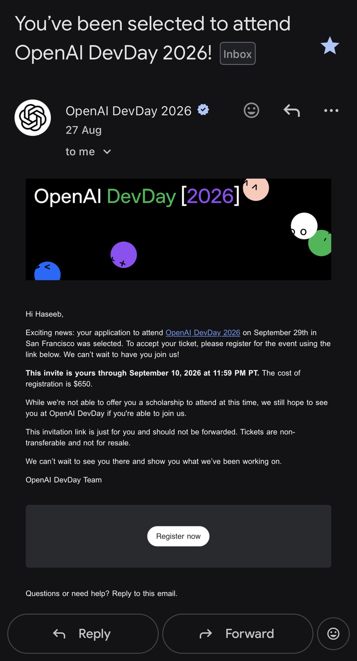 The acceptance email for OpenAI DevDay 2026, as received by Haseeb Arshad